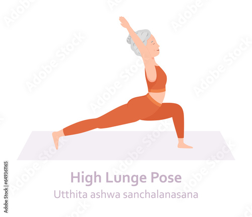 High Lunge Yoga pose. Utthita ashwa sanchalanasana. Elderly woman practicing yoga asana. Healthy lifestyle. Flat cartoon character. Vector illustration