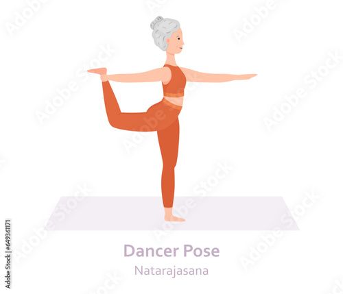 Dancer Yoga pose. Natarajasana. Elderly woman practicing yoga asana. Healthy lifestyle. Flat cartoon character. Vector illustration
