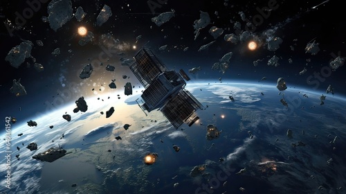 Space debris monitoring and removal technology. Space debris guardians, orbital safety measures, debris removal systems, debris tracking. Generated by AI. photo
