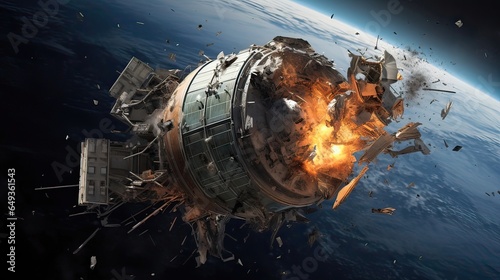 Fototapeta Naklejka Na Ścianę i Meble -  Space debris and satellites populate Earth's orbital vicinity. Orbital presence, satellite constellations, space debris awareness, Earth's orbital tapestry. Generated by AI.