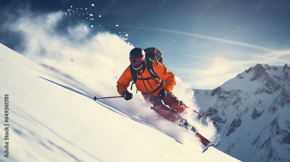 A young man playing skiing on winter time, background is a mountain.