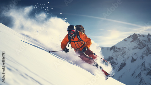 A young man playing skiing on winter time, background is a mountain. © Santy Hong