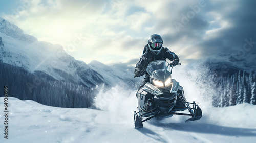 A young man ride motor ski on winter time, background is a mountain.