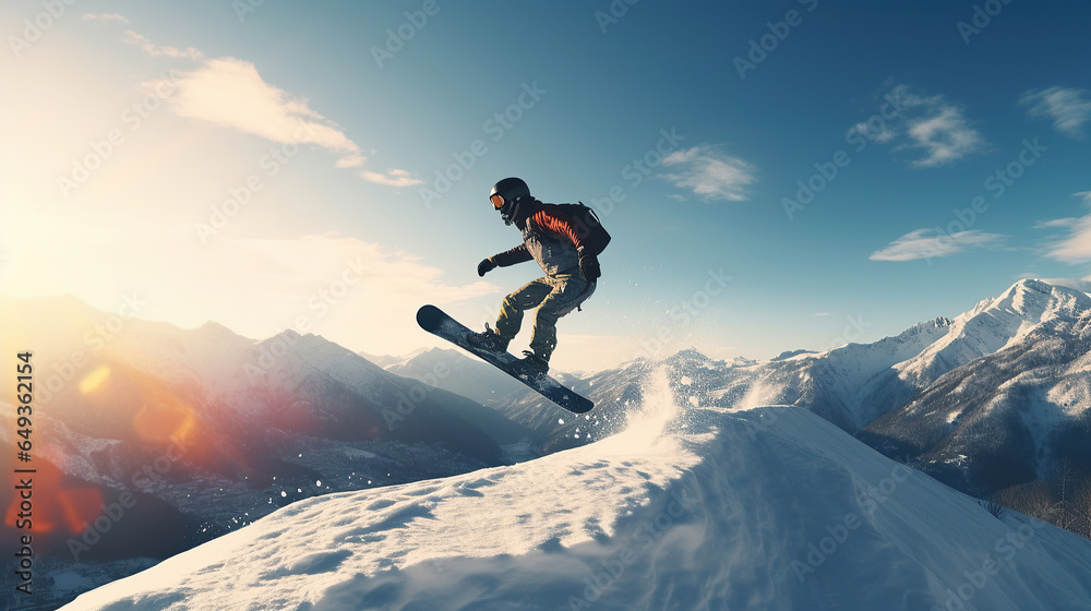 A young man play a snowboard on winter time, jumping in the air, background is a mountain.
