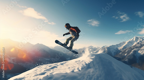 A young man play a snowboard on winter time, jumping in the air, background is a mountain. © Santy Hong