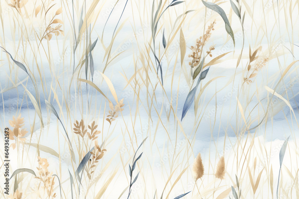 A seamless pattern with grasses and sandy beaches in light blue and beige hues, providing a dreamlike atmosphere. Perfect for coastal-themed designs.