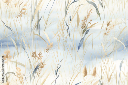 Obraz na płótnie A seamless pattern with grasses and sandy beaches in light blue and beige hues, providing a dreamlike atmosphere. Perfect for coastal-themed designs. w salonie