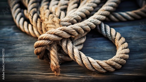 Knotted rope, expertly thrown to secure the ship, maintaining its stability in the face of the ocean's might. Nautical finesse, maritime mastery. Generated by AI. photo