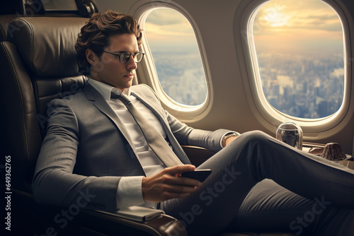 Businessman flying on his private jet photo