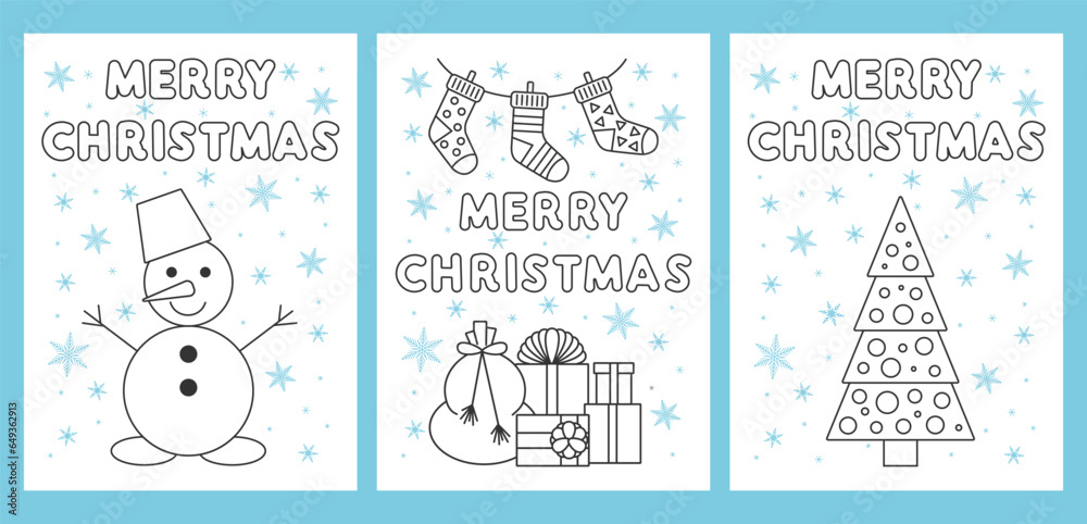 Obraz premium Collection of Merry Christmas and New Year greeting cards, poster, holiday cover. Christmas design with beautiful snowflakes in line art style. Gift boxes, Christmas socks, snowman, Christmas tree.