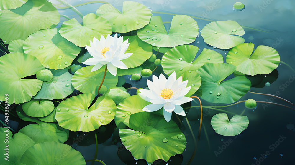 Beautiful white waterlily in the lake, Water drops still remain on the leaves. Beautiful white waterlily in the lake, Water drops still remain on the leaves.