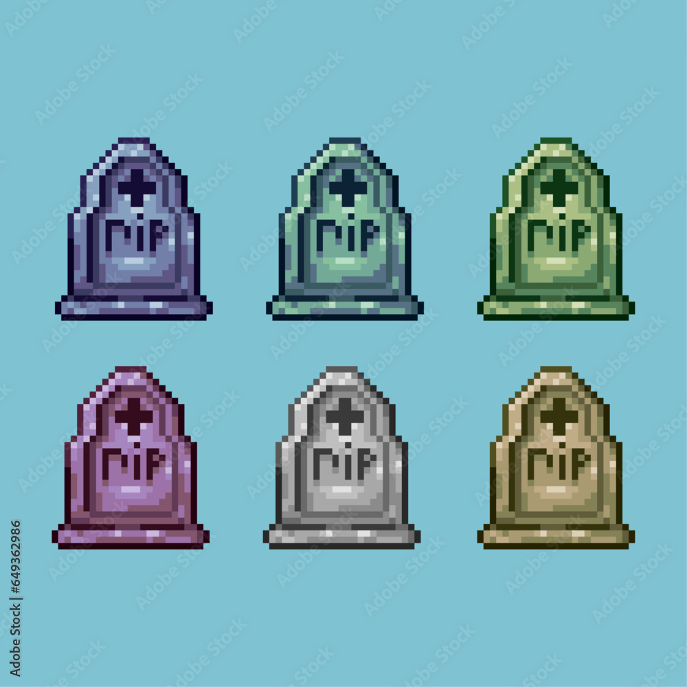 Pixel art sets of rip grave halloween with variation color item asset. simple bits of grave on pixelated style 8bits perfect for game asset or design asset element for your game design asset