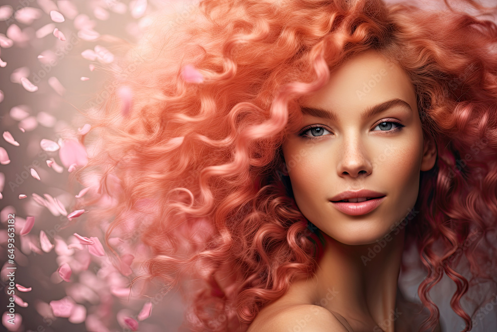 Close up of a woman with healthy curly pink hair, National Hair Day banner Close up of a woman with healthy curly pink hair, National Hair Day banner