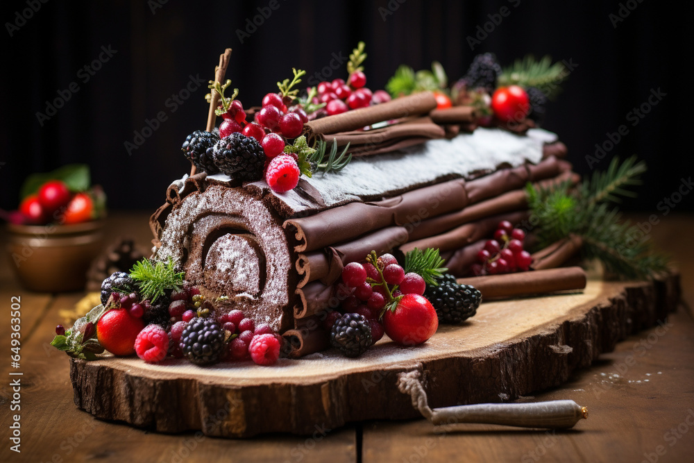 Festive Yule Log Cake Adorned With Chocolate Bark And Berries