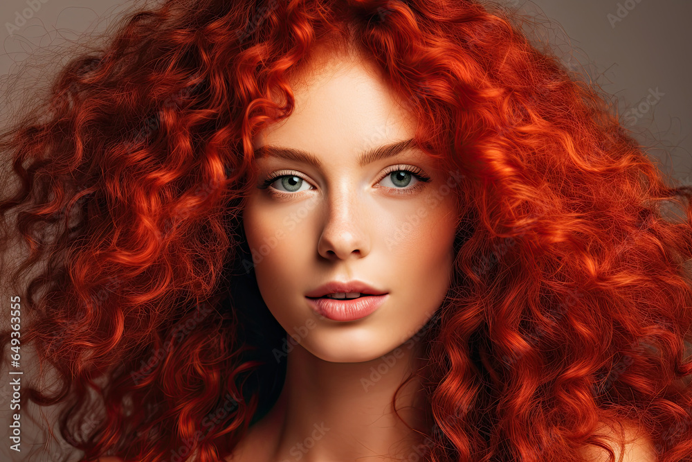 Close up of a woman with healthy curly red hair, National Hair Day banner 