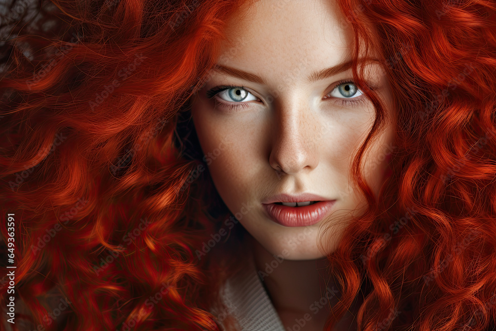 Close up of a woman with healthy curly red hair, National Hair Day banner Close up of a woman with healthy curly red hair, National Hair Day banner