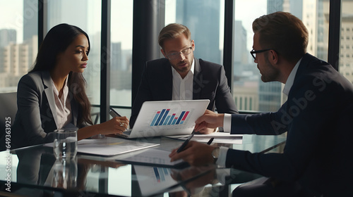 Group of three financial professional discussing numbers in a business meeting, Team of business people brainstorming solutions for a project as they work towards the success of their company.