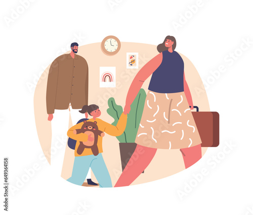 Mother And Child Characters Walk Away From A Man, Their Departure Marking The End Of A Relationship, Vector Illustration