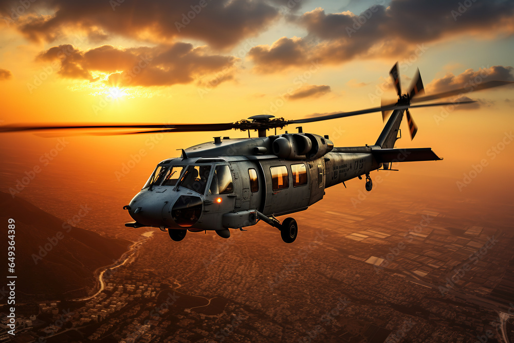 seahawk (or blackhawk) helicopter flies low against a setting sun in the middle east - obrazy, fototapety, plakaty 