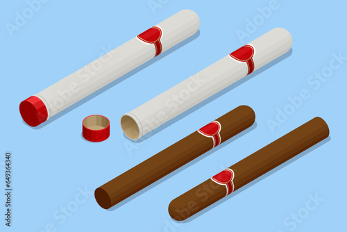 Isometric smoking cigar isolated on white background. Handcrafted Brown cigar made with real tobacco leaves.