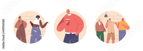 Isolated Round Icons Or Avatars Of Character With Social Phobia Experiences Intense Anxiety In Social Situation