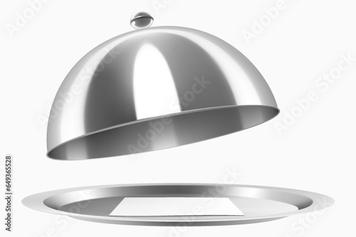 A stainless steel cloche with a paper postcard isolated on white background. Open Metal food cloche, Food Cover. Dome. Serving Plate Dish, Dining Dinner Platter. Realistic 3d vector illustration