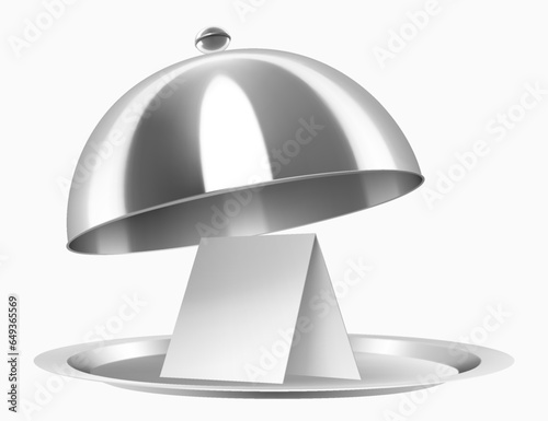 A stainless steel cloche with a paper postcard isolated on white background. Open Metal food cloche, Food Cover. Dome. Serving Plate Dish, Dining Dinner Platter. Realistic 3d vector illustration