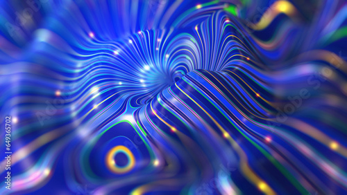 Orbit of abstract currents, information flow, twisted and tangled strings, uncertainty of emotions, inspiration of flowing feelings. 3D illustration of waves on surface of a digital field