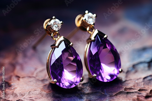 Amethyst earrings natural stones   jewellery  close up 
