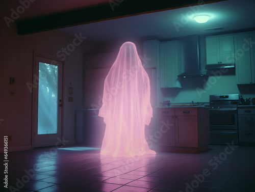 AI-generated stylised 90s photo of the Halloween solitary ghost. An enchanting yet melancholic retro scene invites you to embrace the Halloween spirit—eerie vintage Halloween celebration photos
 photo