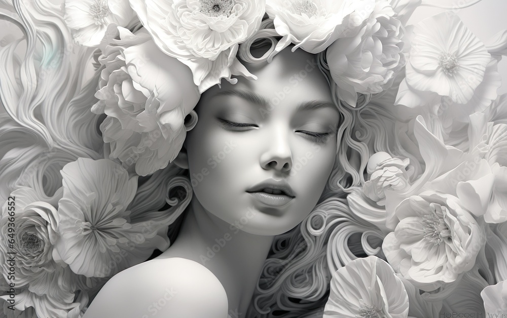 A beautiful woman is surrounded by white flowers, a surreal fashion illustration. A romantic girl dressed up in decorative flowers. Cosmetics, beauty, wellness, cosmetology industry concept