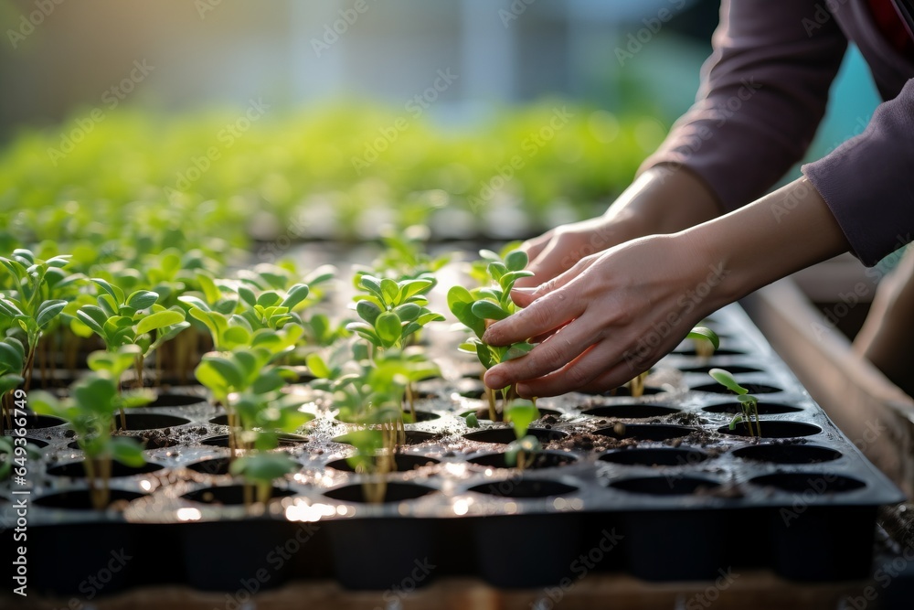 Hands plant seedlings in the garden, close up Hands plant seedlings in the garden, close up