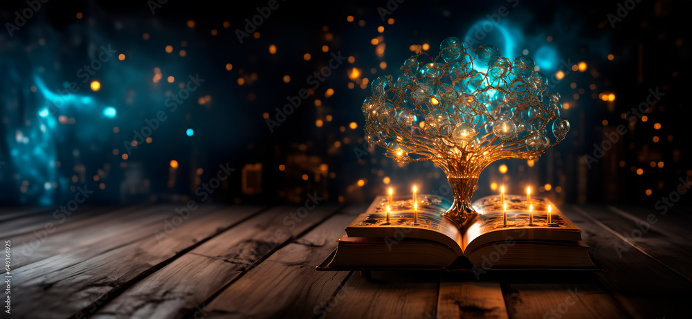 Old book with magic lights. Magic concept. AI generated - obrazy, fototapety, plakaty 