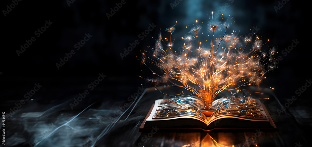 Old book with magic lights. Magic concept. AI generated - obrazy, fototapety, plakaty 