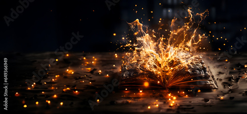 Old book with magic lights. Magic concept. AI generated