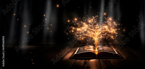 Old book with magic lights. Magic concept. AI generated