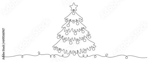 Christmas pine fir tree line art vector illustration. Continuous one line drawing. Vector illustration minimalistic design