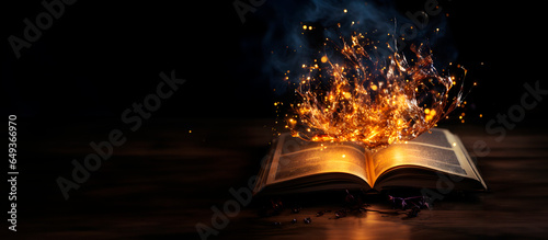Old book with magic lights. Magic concept. AI generated