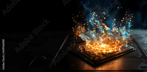 Old book with magic lights. Magic concept. AI generated