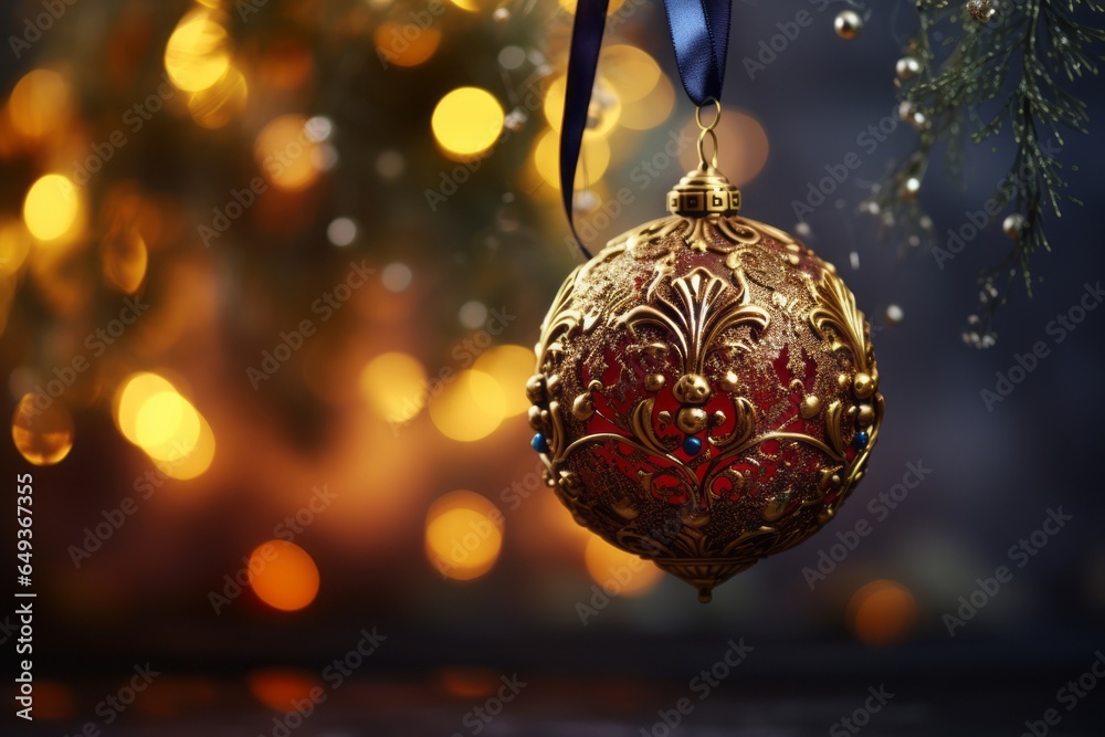 Fototapeta premium A beautifully decorated Christmas bauble hanging from a holiday branch on a blue scarf against a blurred lights background with copy space
