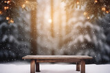 Snow-covered wooden bench in the forest. Christmas background.