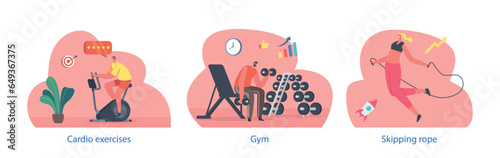 Characters Engage In Sports Activities At Gym, Sweating It Out And Pushing Their Limits. From Weightlifting To Cardio