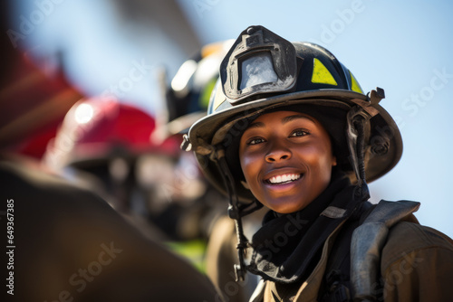 A female firefighter in uniform against the background of a fire truck.