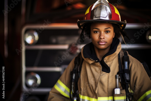 A female firefighter in uniform against the background of a fire truck.