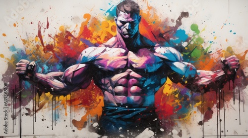 A painting of a muscular man with paint splatters, AI photo