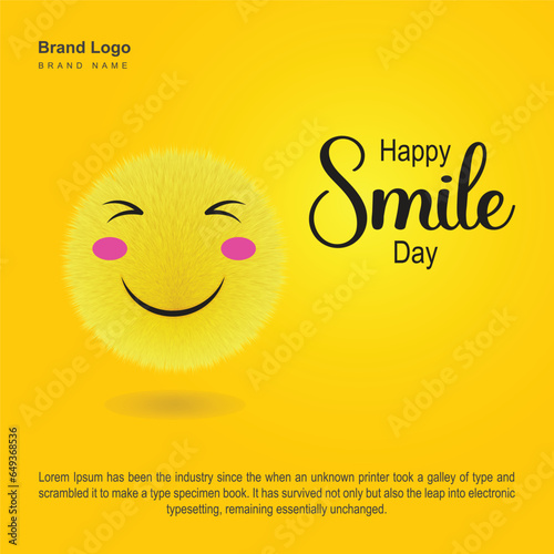 Happy World Smile Day poster design with a yellow fluffy fur ball with a smiley face