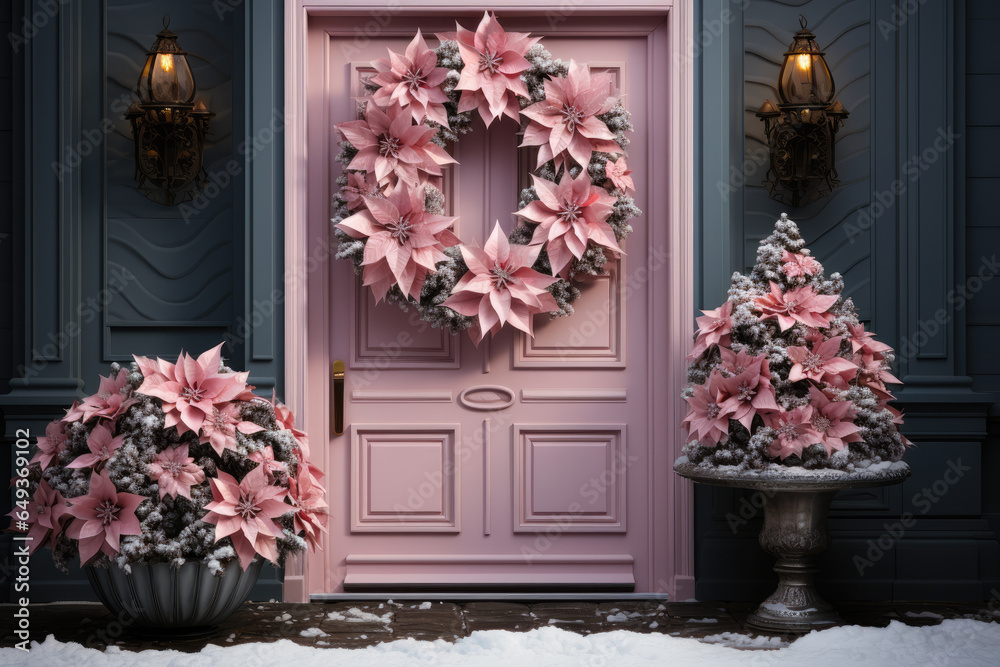 Fototapeta premium Christmas door with Christmas festive Pink poinsettia flowers wreath