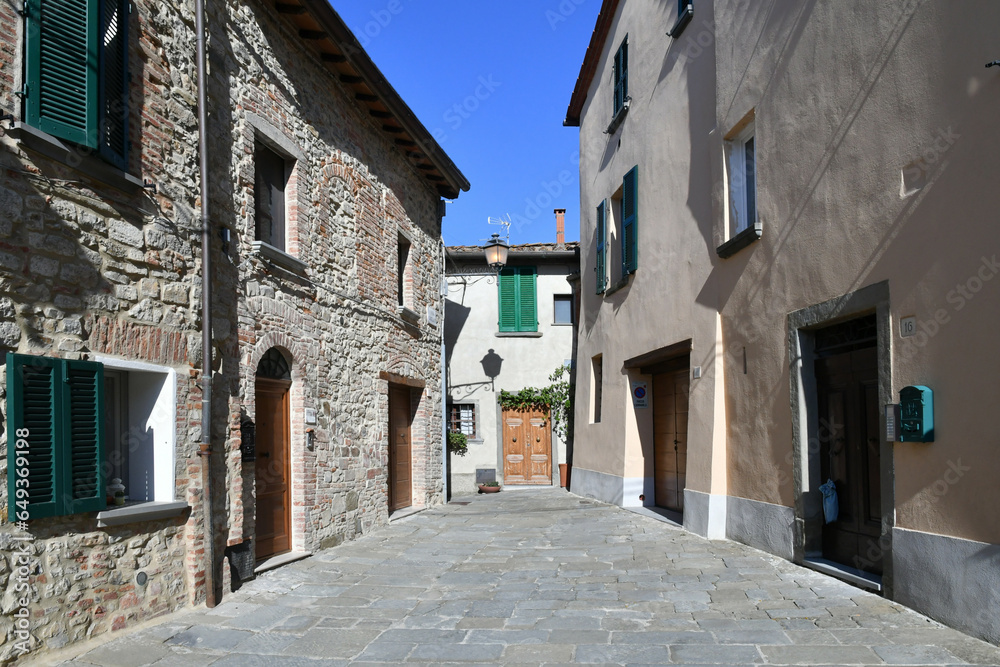 A street in the medieval neighborhood of Lucignano, a city in Tuscany, Italy.