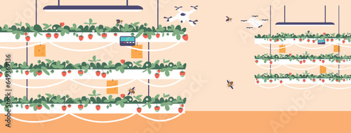 Automation Of Strawberry Production In The Vertical Greenhouse Garden, Involves Using Technology Like Drones, Robots