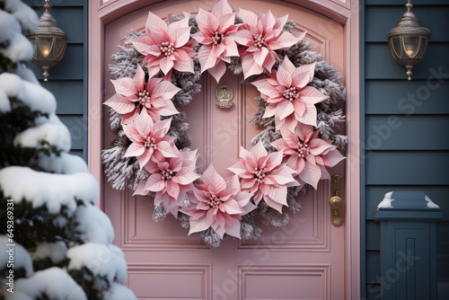 Christmas door with pink Christmas festive poinsettias  wreath  photo